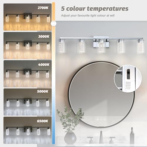 Image of 5 Light Chrome Bathroom Light Fixture, Dimmable 5CCT Chrome Bathroom Vanity Lights, 2700K-6500K Modern Crystal Bubble LED Wall Sconce Over Mirror with Clear Glass for Bedroom, Living Room