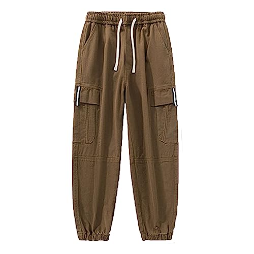 JEKE-DG Men's Loose Mid-Waist Cargo Pants Cotton Tether Multi-Pocket Overalls Trousers Casual Joggers Pants (8X-Large,Coffee Color)