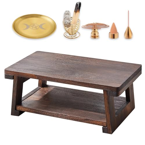 SANCTIFD Altar Table for Spiritual,Folding Meditation Tables for Dining & Puja,Japanese Low Coffee Table for Sitting on The Floor (19.6x11.8x7.8 in, with Incense Burner 5Pcs Set)