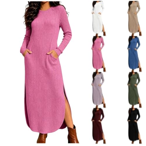 XINGJIAARTS Sweater Dresses for Women Long Sleeve Maxi Fall Ribbed Knitted Dress Round Neck Side Split Bodycon with Pockets RD2 Small - image 1