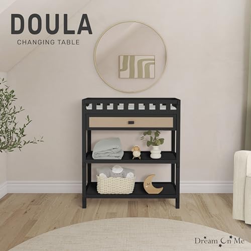 Image of Dream On Me Doula Changing Table in Matte Black - BSA & GREENGUARD Gold Certified, Enclosed Dressing Area for Safety, Two Spacious Storage Shelves & A Closed Drawer, Converts to Nightstand