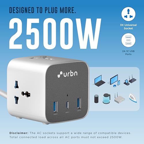 Image of URBN 6-in-1 Qube Core Power Strip | 3 Universal Sockets (2500W) + 3 USB Ports (20W PD) | Fast Charging | Heavy Duty 2m Power Cord | Surge Protection | 1 Year Warranty (White)
