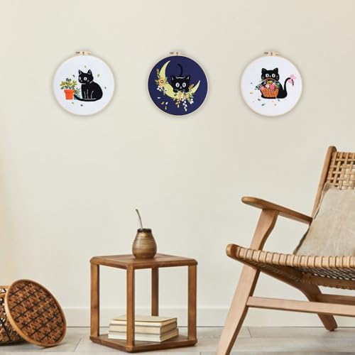 Image of EOBTAIN 3 Pcs Black Cat Embroidery Kit for Beginners, Animal with Floral Embroidery Kits for Adults,Flower Embroidery Starter Kit with Pattern,Hoop,Thread,Needles,Hand DIY Craft Kits for Adults