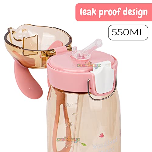 Image of Zest 4 Toyz Bunny Ear Water Bottle for Kids Leak-Proof Sipper Bottle with Flip Straw BPA-Free Portable School Bottle with Strap for Boys & Girls- Brown (550ML)