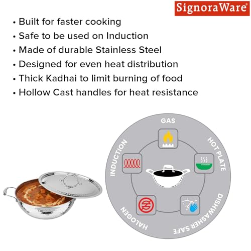 Image of Signoraware Artista Tri Ply Stainless Steel Hammered Shallow Kadhai 26cm with Lid | Gas & Induction Compatible | Stylish Indian Kadhai for Healthy Meal | Ideal for Daily Cooking (4 LTR | Steel)