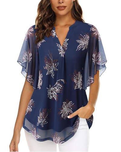 Image of Timeson Women's Short Sleeve V Neck Blouses Shirts Floral Double Layers Mesh Tunics Tops