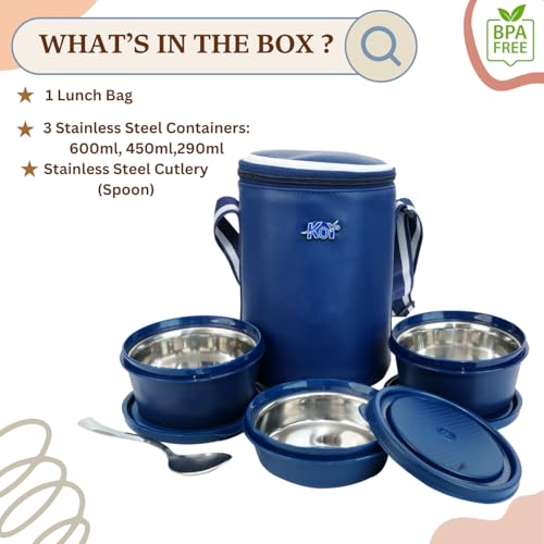 Image of KOI Insulated Lunch Box Set | 3 Inside Steel Containers (290ml, 450ml, 600ml) with BPA Free Lids | Leakproof Microwave Safe Tiffin | Adjustable Shoulder Strap Lunch Bag for Office Travel Use (Blue)