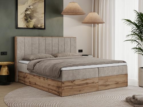 MKS MEBLE Boxspringbett 180x200 Mit Bettkasten Eiche, Polsterbett Mit Matratze H3, Bett Mit Kopfteil Und Holzrahmen in Wotan Eiche - Beige Struktur - Bellissimo MKS MEBLE Boxspringbett 180x200 Mit Bettkasten Eiche, Polsterbett Mit Matratze H3, Bett Mit Kopfteil Und Holzrahmen in Wotan Eiche - Beige Struktur - Bellissimo