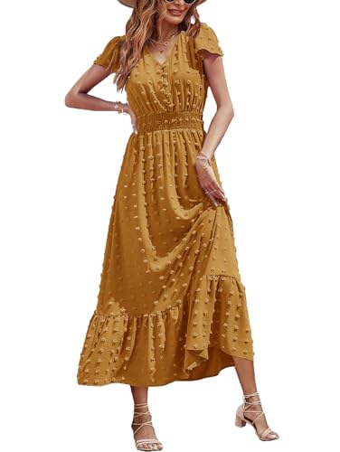 Image of CzzzyL Women Nursing Boho Maxi Dresses Cap Short Sleeve V Neck Swiss Dot High Waisted A-Line Ruffle Tiered with Pockets