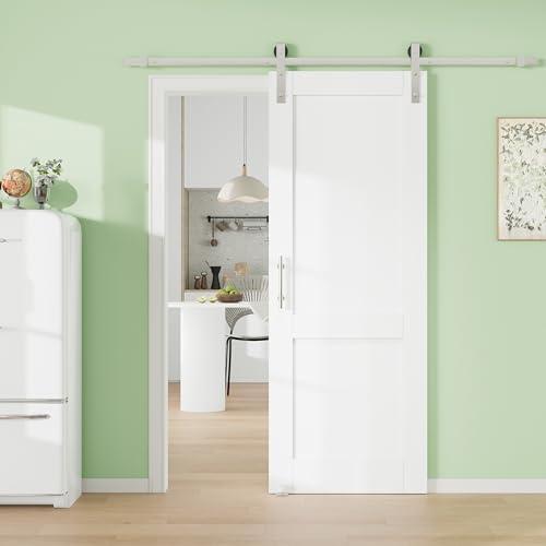 Image of 36 inch x 80 inch 2-Lites Solid Core MDF Panel Barn Door with Trimmable 72 inch Track Kit, Paintable Sliding Barn Doors for Closet Kitchen Bedroom Excellent Sound & Thermal Insulation, Nickel-Plated Hardware Kit
