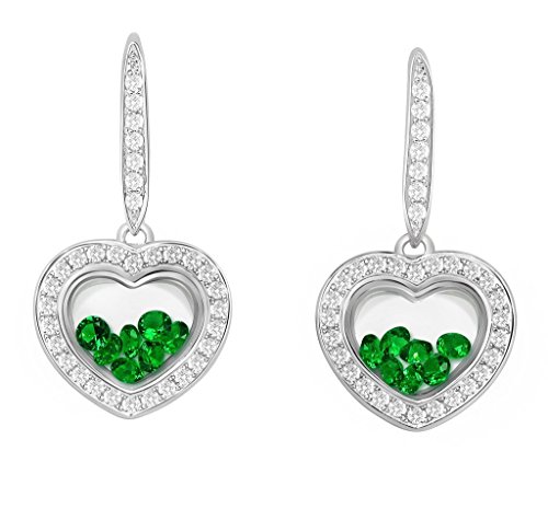 PARIKHS Heart Earring floating Green Cubic Zirconia inside -CZ border - Sterling Silver