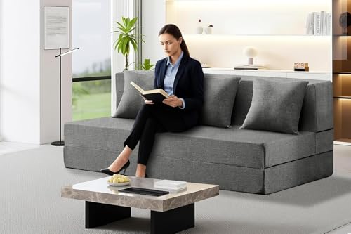Image of Los Angeles Foldable Three Seater Sofa Cum Bed, Sofa Bed 5 X 6 Feet, Jute Fabric Washable Cover Including Three Cushion Perfect for Living Room & Office, Guest Room - Grey Color