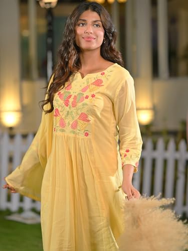 Image of INDO ERA Women's A-Line Pure Cotton Floral Embroidered Kurta & Pant with Dupatta Set (R2STR9793)