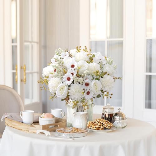 Image of Artificial Flower Bouquet for Home Decoration - 2 Pcs Faux Rose & Daisy Bouquet (Without Pot) Artificial Flowers for Living Room, Bedroom, Office, Vase Decoration (White)