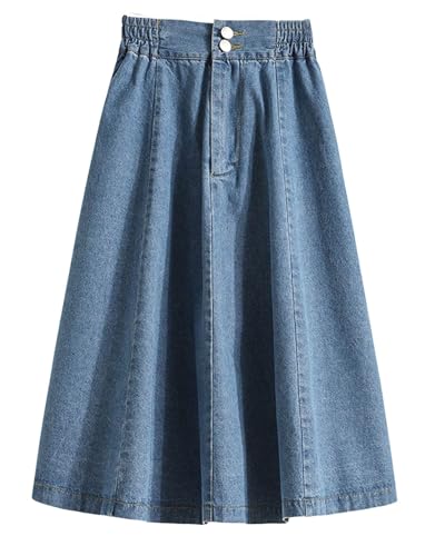 CHARTOU Women Pleated Jean Skirt Elastic High Waisted Midi Denim Skirt Flare A Line Skirt Ruffle Long Summer Skirt