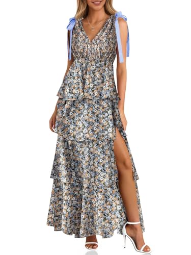 Image of Wenrine Womens Summer Floral Maxi Dress Tie Strap Sleeveless V Neck High Slit Boho Ruffle Tiered Beach Dresses
