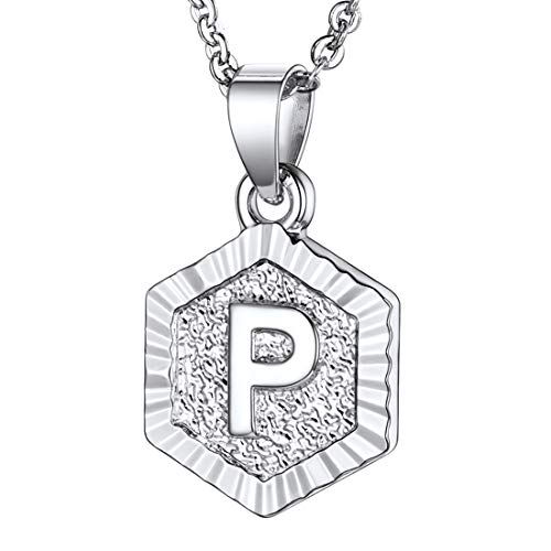 U7 A-Z 26 Letters Necklace Platinum Plated Monogram Name Jewelry Embossed Hexagon Initial P Pendant Necklaces for Women Girls