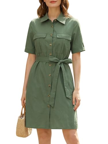 Image of Allegra K Women's Safari Dress Collared Short Sleeve Cotton Belted Button Down Shirt Dresses