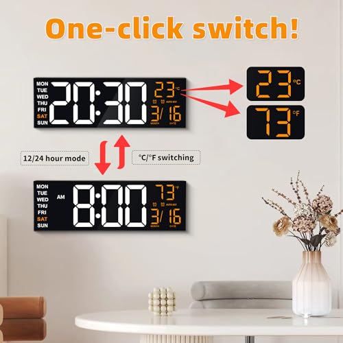 Image of Maxstar 16 inch Large Digital Wall Clock with 8 RGB Led Display & Remote Control, Loud Dual Alarms,5-Level Dimmer, Auto-DST, Temperature,Date,Night Light for Bedroom /Office /Living Room /Shop /Gym /Game Room