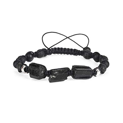 Image of Natural Rough Black Tourmaline Healing Stone Bead Matte Onyx Alternate Lava Nylon Rope Unisex Adjustable Macrame Energy Bracelet Lava N Matte Agate Unisex Adjustable