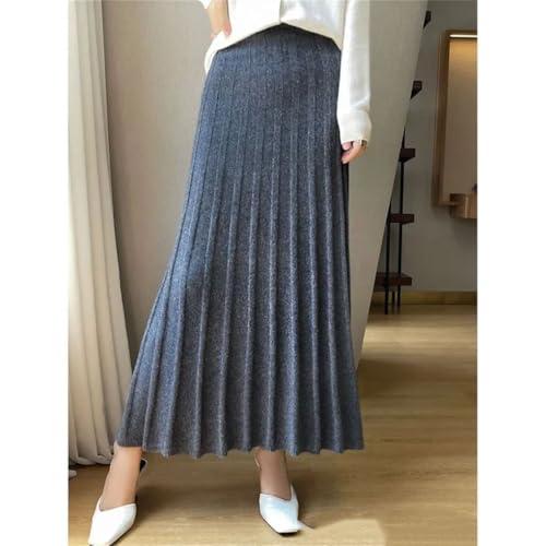 Solid Wool Mid-Length Knitted Skirt Women High Waist A- Line Skirt Large Flounce Um3
