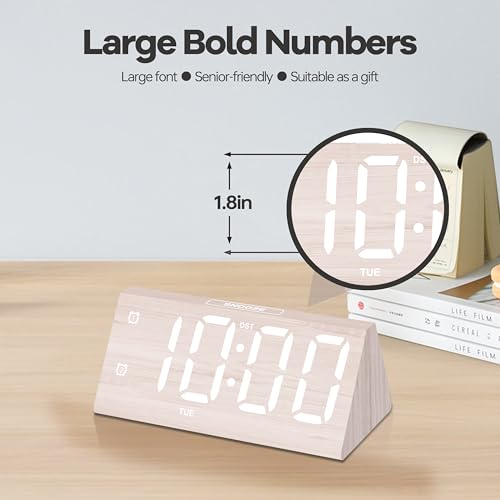 Image of Digital Alarm Clock, with Wooden Electronic LED Time Display, 3 Alarm Settings, Humidity & Temperature Detect, Wood Made Electric Clocks for Bedroom, Bedside, Desk (White-Big Bold)