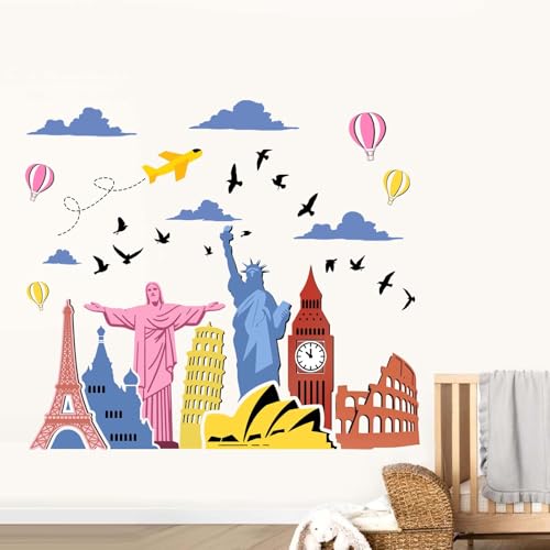Stickers muraux monuments célèbres : Globe de voyage Statue de la Liberté Architecture Ville Bâtiments muraux – Décoration murale pour salon, chambre à...