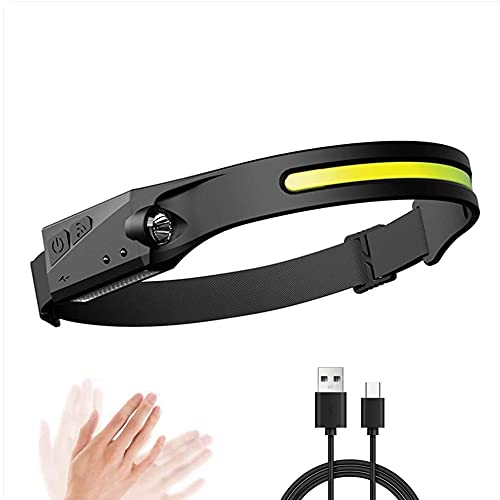 COB LED Strip Head Torch Rechargeable Super Bright 800 Lumen 230°Wide Beam Headlight Battery Powered Waterproof 5 Modes with Motion Sensor Helmet Headlamp for Camping Hiking Running