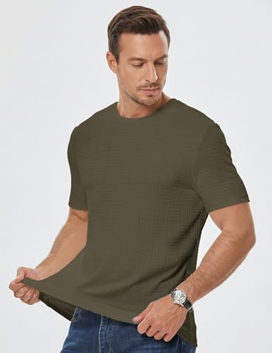 Image of JMIERR Mens T-Shirt Casual Stretch Solid Crewneck Short Sleeve Tees Textured Shirts