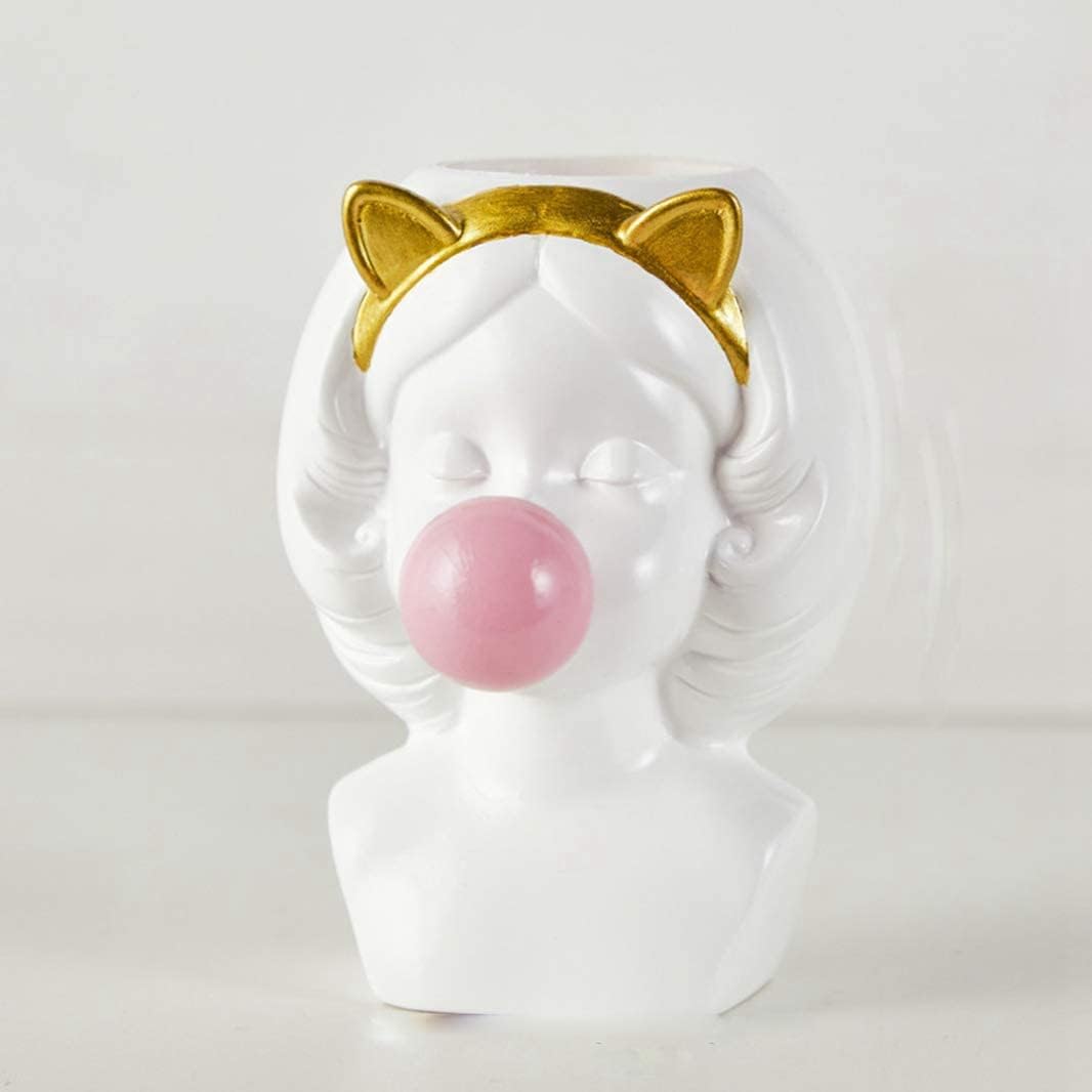 Small Nordic Resin Vase Cute Girl Bubble Gum Statue Figurine Succulent Plant Flower Pot Modern Home Decor Pen Holder
