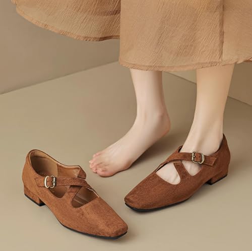 Suede Mary Jane Flats for Women Dressy Pointed Toe Ballet Flats Shoes Low Heel Buckle Strap Flat Shoes Comfortable Slip on Work Dress Shoes4
