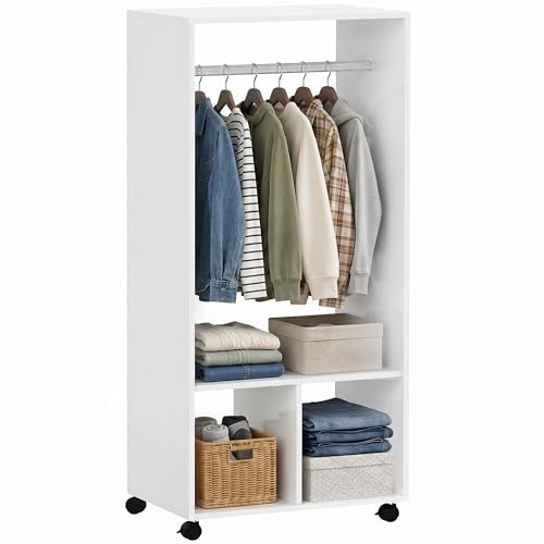 HOMCOM Armoire penderie étagère 2 niches 4 roulettes pivotantes dim. 60L x 40l x 128H cm Coloris Blanc