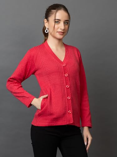Image of Wear lusso Women's Woolen V-Neck Buttoned Full Sleeve Cardigan Self Design Soft Wool Fabric Winter Wear Pure Wool Sweater with Pockets Stylish Outdoor and Office Wear Girls