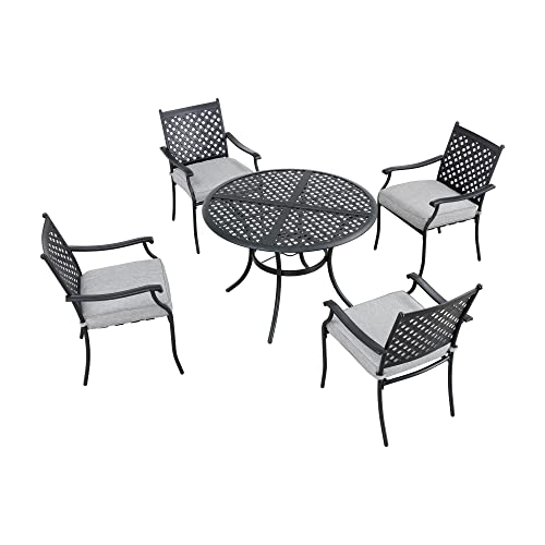 Image of LOKATSE Home 5 Piece Outdoor Patio Metal Dining 4 Iron Arm Chairs with Seat Cushions and 1 Table with Umbrella Hole, Grey-Set