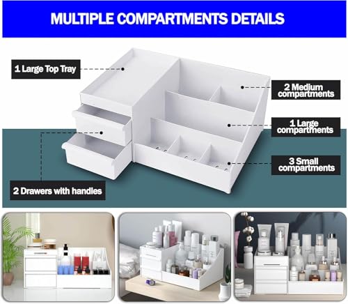 Image of COOFANDY Makeup Organizer, Skin Care Organizers and Storage Box with Drawers for Vanity, Bathroom Countertop Holder for Lipstick Skincare Perfume Brush, Dresser Desk Top Cosmetics Display Case (White)