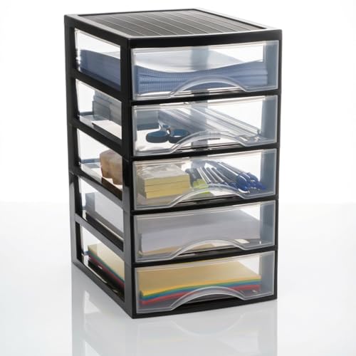 Hausfelder Schubladenbox A4 mit 5 Schubladen, Transparente Kunststoff Schubladenbox für Schreibtisch, Büro Organizer Schubladen, Aufbewahrungsbox mit Schubladen, Din A4, Stapelbar, 36,5x26x45cm