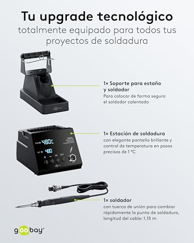 goobay Estación de soldadura digital 70W, 160–480°C, calienta en 8 segundos, pantalla LED, función de memoria, escalones de 1°C, para electrónica, modelismo y pirografía, incl. soldador y accesorios - imagen 4