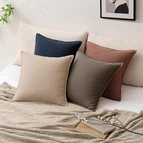 Image of Decorative Linen Solid Throw Pillow Covers 20x20 Inch Set of 2 Coffee Boho Accent Farmhouse Pillows Modern Neutral Home Decor for Couch Sofa Living Room Bed