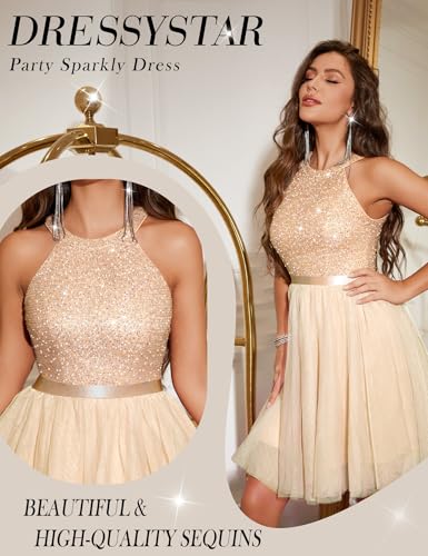 Image of Dressystar Women's Sequin Short Prom Dress Sparkly Halter Tulle Cocktail Party Homecoming Dresses