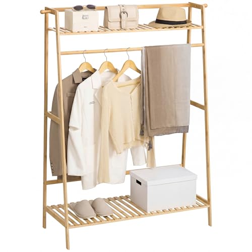 HOMCOM Portant à vêtements penderie porte-manteau avec 2 étagères 2 crochets et 1 barre de suspension en bambou - dim. 114L x 40l x 139H cm naturel