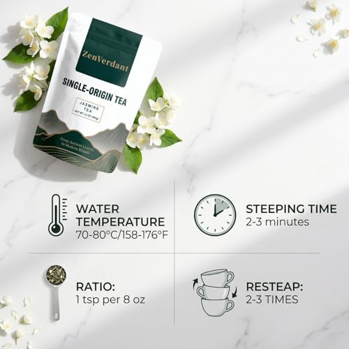 Image of ZenVerdant Jasmine Green Tea, 12 Oz, 100+ Cups - Real Jasmine Flowers | Not Artificial Flavoring Naturally Low in Caffeine Floral & Fragrant Perfect for Relaxation & Evening Tea