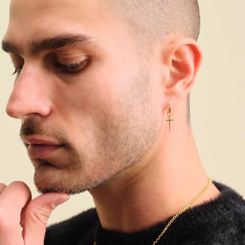 Mens Earrings Cross Earrings for Men, 14K Gold Hoop Earrings Men Drop Dangle Small Thick Chunky Sterling Silver Huggie Hoops Hypoallergenic Trendy Dainty Earrings Men Accessories Jewelry Valentine Day Gift3