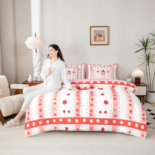 Image of Castle Fairy Cute Ladybug 7 Pcs Full Size Comforter Set Girly Romantic Style Bedding Sets Red Pink Bow Polka Dots Stripes All Season Comforter,Flat Sheet,Fitted Sheet,2 Pillowcases,2 Pillow Covers