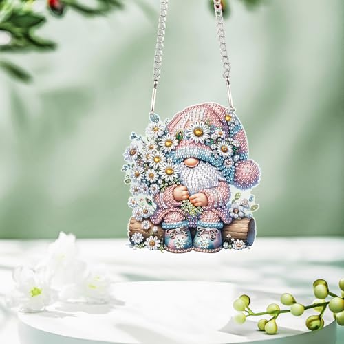 Image of DIY 5D Diamond Painting Hanging Ornament Gnome with Daisy Flowers, Floral Crystal Rhinestone Diamond Art Pendant for Home, Wall, Window, Garden, and Gift
