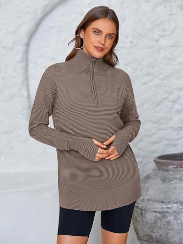 Image of PRETTYGARDEN Womens Long Sleeve Quarter Zip Pullover Sweater | Casual Loose V Neck Sweaters with Thumb Hole, Collared Ribbed Knit Jumper Tops, Oversized Tunic Tops, Fall Outfits 2026