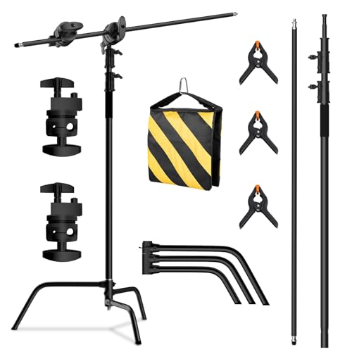 C Stand with Boom Arm Heavy Duty Photography Light Stand 6.8ft/210cm Stainless Steel C-Stand Kit with Sandbag 2.8ft/87cm Boom for Studio Softbox and Reflector Black