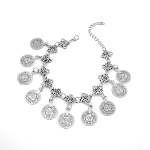 Qiaoqi Pulsera Retro Colgante Vintage en Forma de Moneda Pulseras de Cadena Ajustables Hechas a Mano Joyas de Mujeres niñas (Plata)