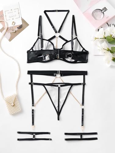 Image of SSoShHub Pu Leather Strappy Wirefree Garter Belt Lingerie Bra Panty Set with G String and Thigh Belts for Women Girl with Panty
