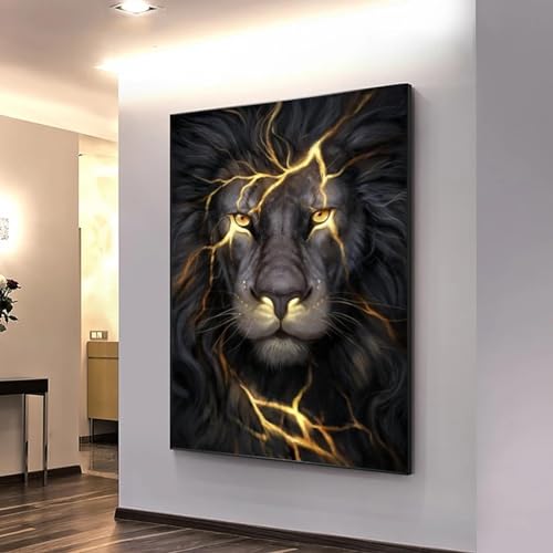Impression sur toile murale lion noir et doré 40x56cm image animale décoration salon