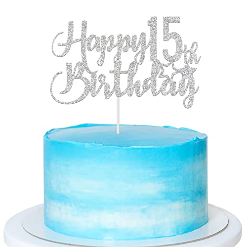 Paroke & Bubble Silver Glitter Happy 15th Birthday Cake Topper - 15th Birthday Cake Topper, 15th Birthday Party Decoration